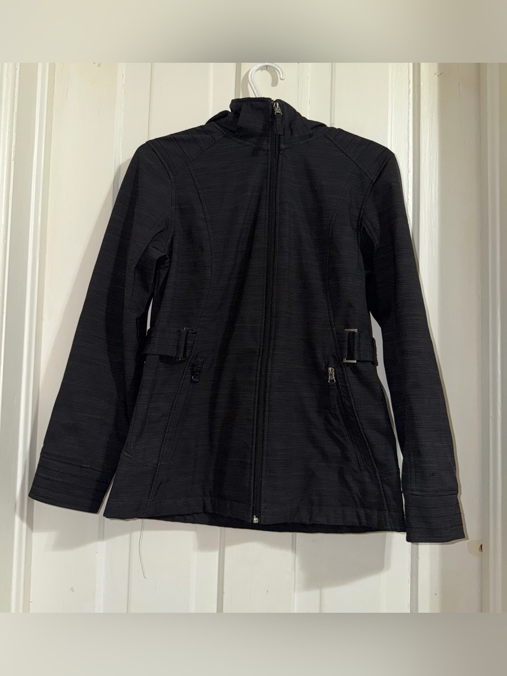 Women's size small coat jacket Black Zip-Front Jacket faux fur removable hood